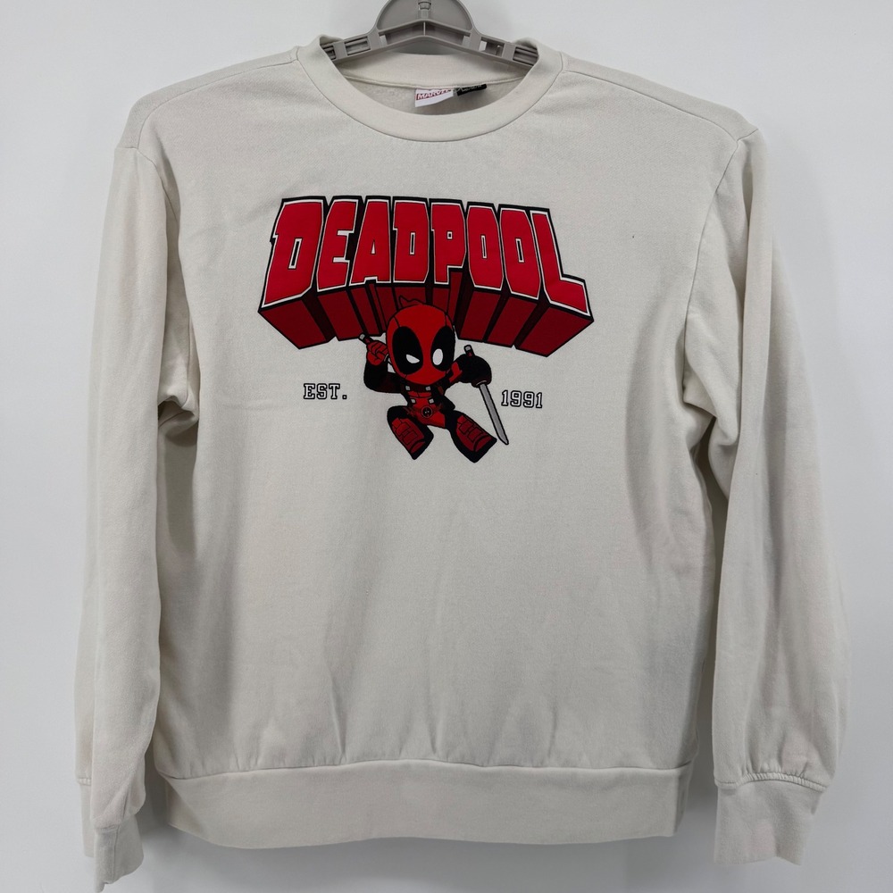 Marvel Deadpool Sweatshirt Cream Color Graphic Pullover Medium Est. 1991 Mens